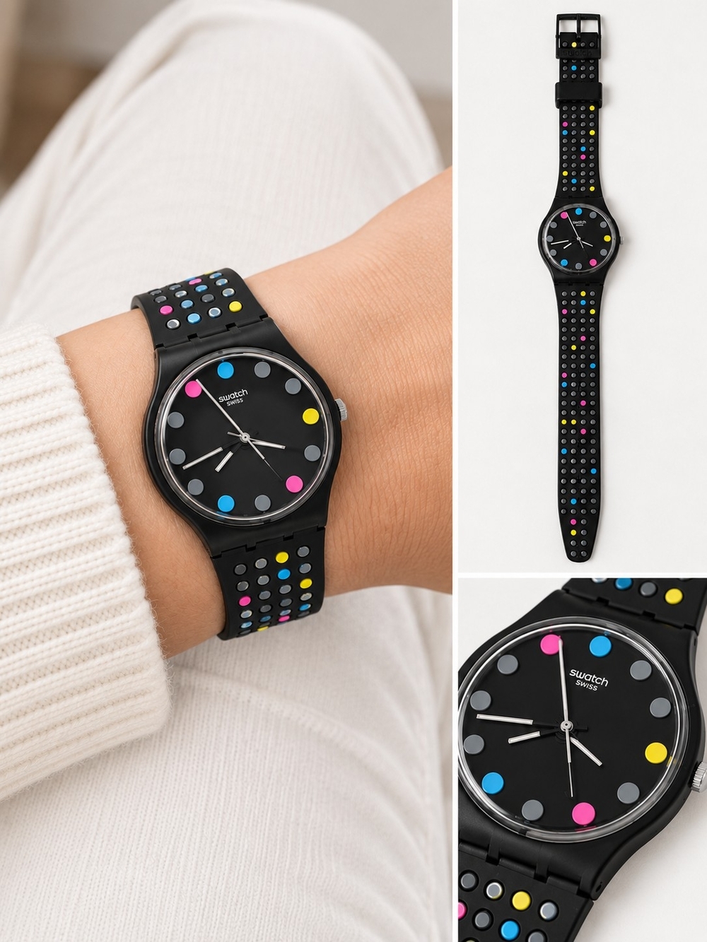 ⌚ Vintage Swatch Black Colorful Dot Watch